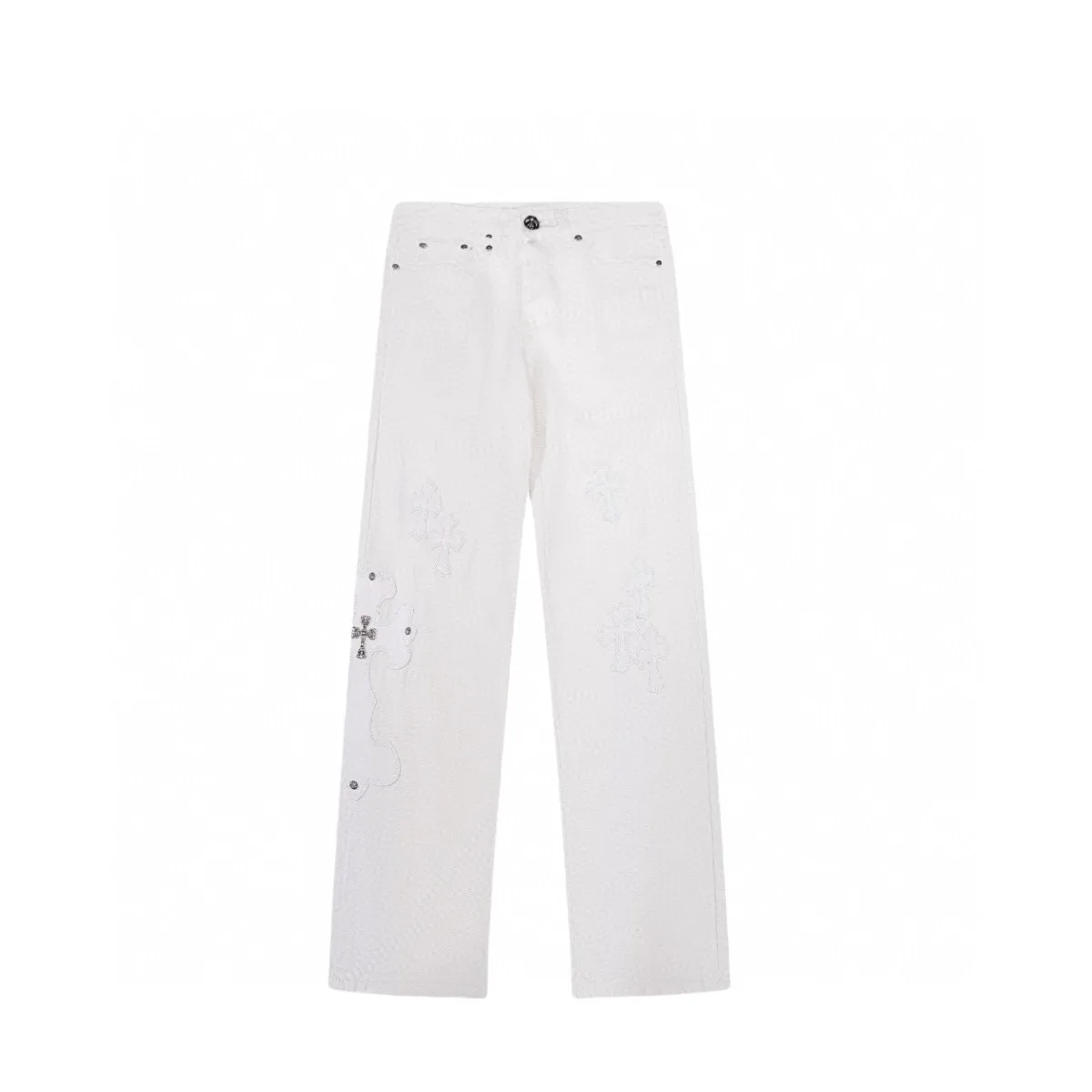 P280 💰 (Top version) Chrome Hearts White Bull King Metal Cross White Leather Heavy Industry Jeans Chrome Hearts is a brand that has always been famous for its high-end and design. The quality of these pants is unparalleled, and a pair is often hard to find at counters. It uses top-notch heavy-duty washing technology, the calf leather laser-cut cross is particularly exquisite, and the aged silver hardware adds a sense of retro and luxury. White denim fabric, paired with a cross leather design, is fashionable and individual. The straight version is also particularly slim. The style is the same for men and women, so whoever wears it will look better! The matching suggestions are as follows: Cool street style: Pair the upper body with a black short crop top, a black leather jacket, and black Martin boots. Wear a silver necklace and ring from Crowe and walk on the street to feel cool. Casual fashion style: wear a simple white cotton T-shirt inside, a loose denim jacket outside, and white sneakers. Overall casual and comfortable, suitable for daily travel and shopping. High-end outfit: Pair it with a black silk-textured shirt, tuck it into pants, and put on a pair of black leather shoes. Wear a black suit jacket to instantly enhance your temperament, and you can attend some formal occasions without any pressure. Color: White Ox King Size: 28-30-32-34 (corresponds to S-M-L-XL)